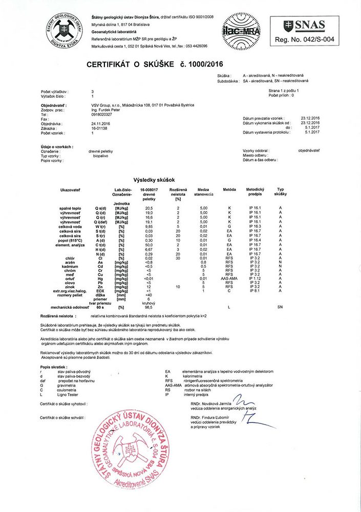 certifikát o skúške drevených peliet